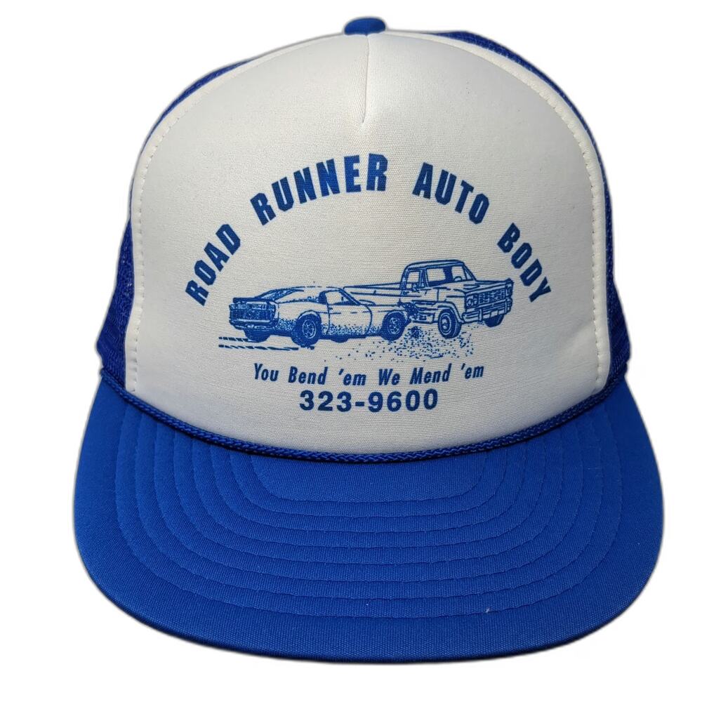 Nissin Trucker Hat Blue White One Size Road Runner Auto Body Mesh Snapback Foam